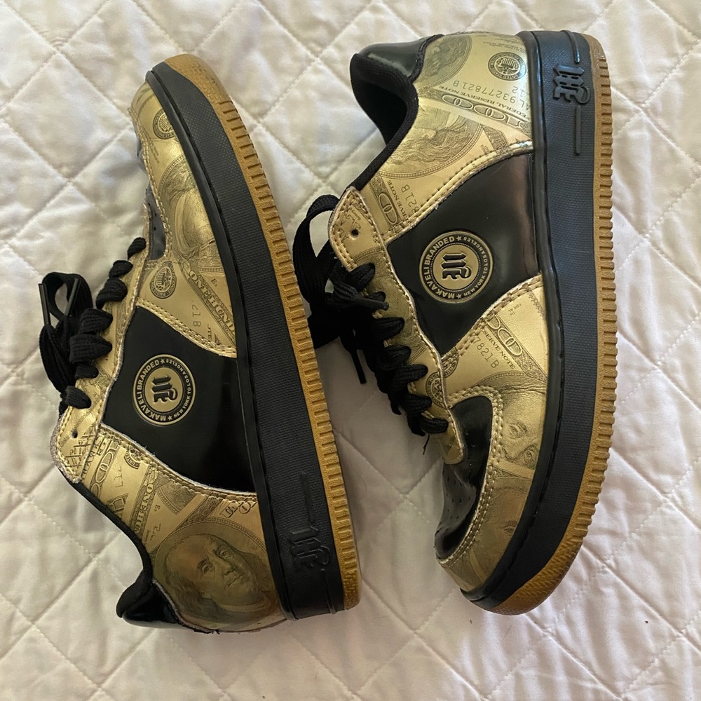 90s Vintage Tupac Makaveli Branded Shoes Gold Money $100 Bills 2Pac Size US 6.5